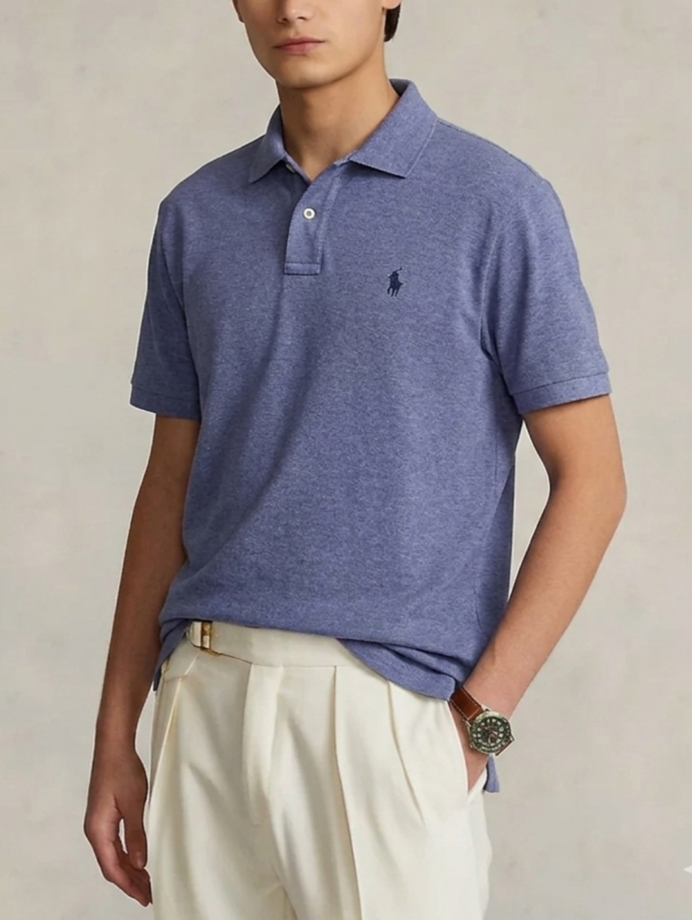 Sz L Polo Ralph Lauren 100% Cotton Heathered Blue Short-Sleeve Polo Shirt